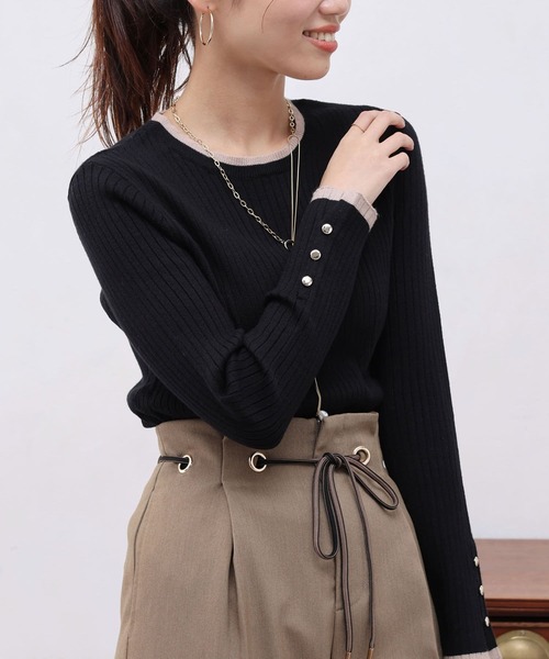 Chez toi（シェトワ）の「配色ライン袖口ボタンリブプルオーバー（ニット/セーター・レディース・マスタード/オフホワイト/ブラック/サックスブルー・FREE）」の18枚目の写真