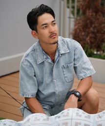 サイドラインオープンカラーデニムシャツ
