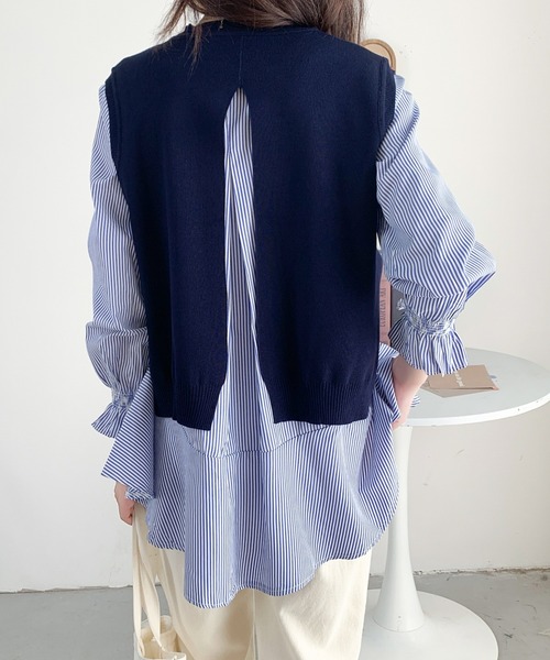 ニット付き ブラウス  ストライプ ネイビー レイヤード ベストブラウス 着やせ ニット付き ブラウス ストライプ ネイビー レイヤード ベスト