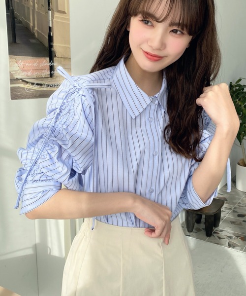 moment+(モーメントプラス)の「【累計販売枚数1万枚突破!】マルチストライプ袖シャーリングシャツブラウス(シャツ/ブラウス・レディース・サックスブルー/ピンク/イエロー・M/L)」の21枚目の写真