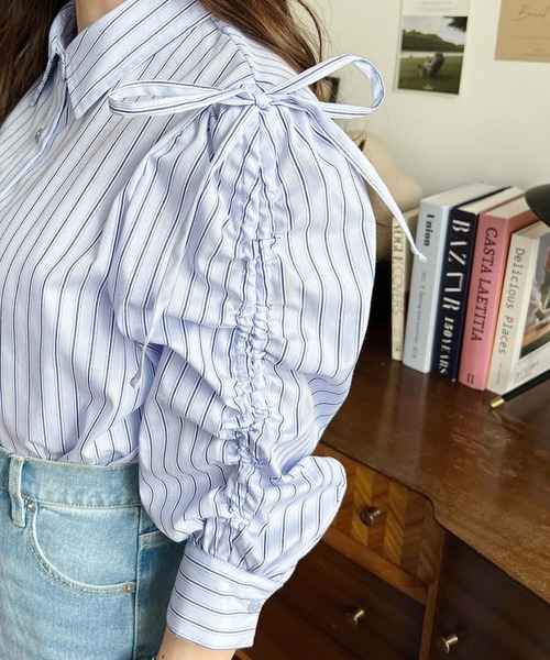 moment+(モーメントプラス)の「【累計販売枚数1万枚突破!】マルチストライプ袖シャーリングシャツブラウス(シャツ/ブラウス・レディース・サックスブルー/ピンク/イエロー・M/L)」の16枚目の写真