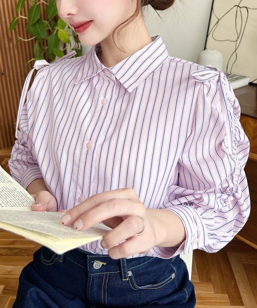 moment+(モーメントプラス)の「【累計販売枚数1万枚突破!】マルチストライプ袖シャーリングシャツブラウス(シャツ/ブラウス・レディース・サックスブルー/ピンク/イエロー・M/L)」の8枚目の写真