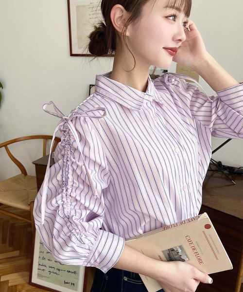 moment+(モーメントプラス)の「【累計販売枚数1万枚突破!】マルチストライプ袖シャーリングシャツブラウス(シャツ/ブラウス・レディース・サックスブルー/ピンク/イエロー・M/L)」の11枚目の写真