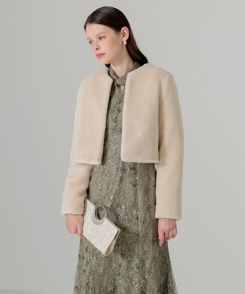 ベージュ　ファーコート ショート丈 イミテーション フォックスファーコート ショート丈 フェイク