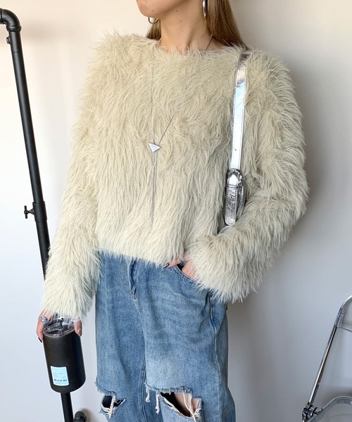 non-hedge(ノンヘッジ)の「シャギーニットトップス(ニット/セーター・レディース・オフホワイト/チャコールグレー/ブルー/ピンク/ベージュ・FREE)」の1枚目の写真
