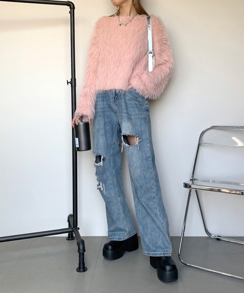 non-hedge(ノンヘッジ)の「シャギーニットトップス(ニット/セーター・レディース・オフホワイト/チャコールグレー/ブルー/ピンク/ベージュ・FREE)」の19枚目の写真