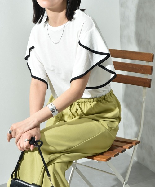 INTERPLANET（インタープラネット）の「【接触冷感】カノコ袖パイピングプルオーバー（Tシャツ/カットソー・レディース・ブラック/グレイッシュベージュ/オフホワイト・FREE）」の2枚目の写真