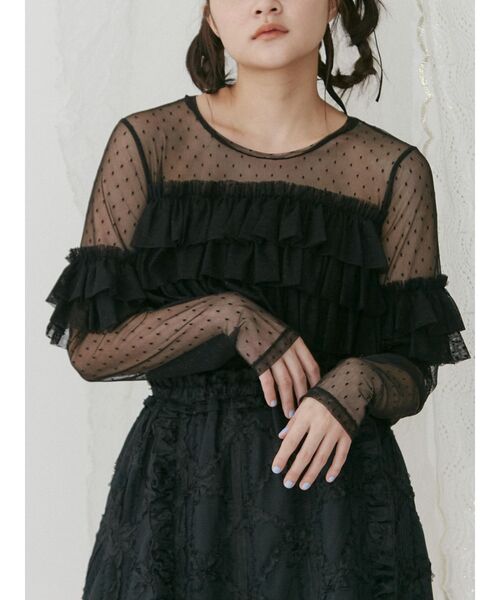 merry jenny（メリージェニー）の「ドットチュールティアードtops（Tシャツ/カットソー・レディース・オフホワイト/ブラック/ピンク・FREE）」の2枚目の写真