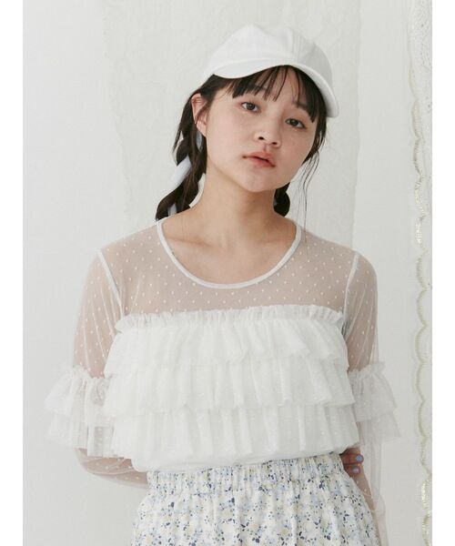 merry jenny（メリージェニー）の「ドットチュールティアードtops（Tシャツ/カットソー・レディース・オフホワイト/ブラック/ピンク・FREE）」の5枚目の写真