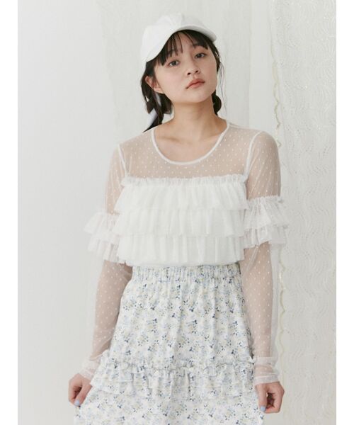 merry jenny（メリージェニー）の「ドットチュールティアードtops（Tシャツ/カットソー・レディース・オフホワイト/ブラック/ピンク・FREE）」の6枚目の写真