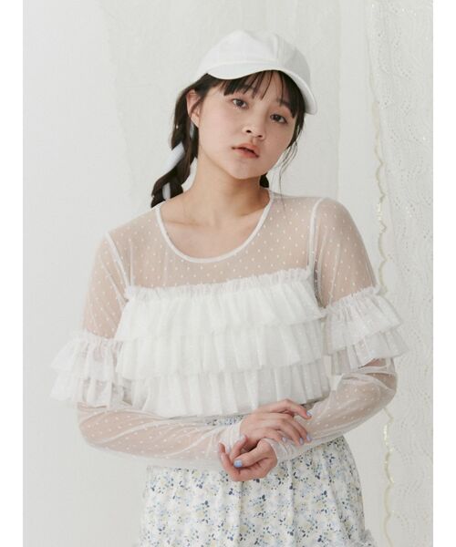 merry jenny（メリージェニー）の「ドットチュールティアードtops（Tシャツ/カットソー・レディース・オフホワイト/ブラック/ピンク・FREE）」の7枚目の写真