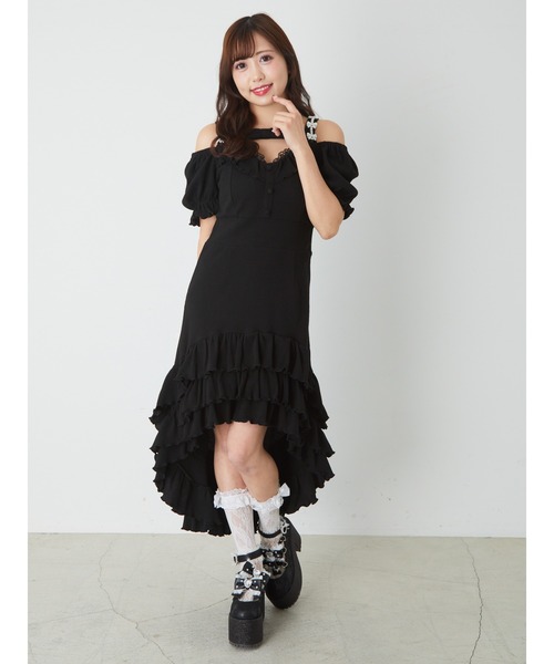 Ank Rouge アンクルージュ 膝丈フレアワンピース 半袖 黒 M