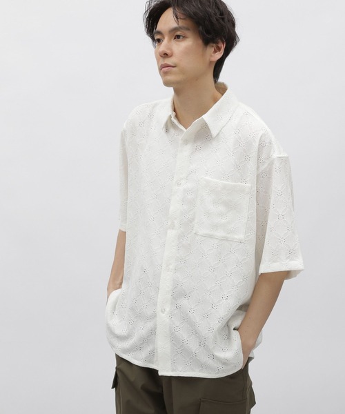 aLORS アロー レース ルイス シャツ 白 ホワイト LAKOLE（ラコレ）の「透かしレースシャツ半袖 / 111300（シャツ