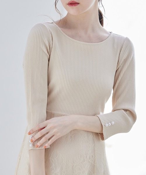 セール】リボン＆パール付きハイウエスト切り替えレースドッキング七分