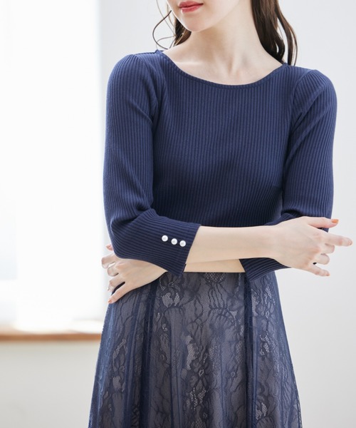 【美品】レース使いウエストリボンモチーフワンピース Tiaclasse ワンピース 【洗える】スタイルアップも叶うリボン