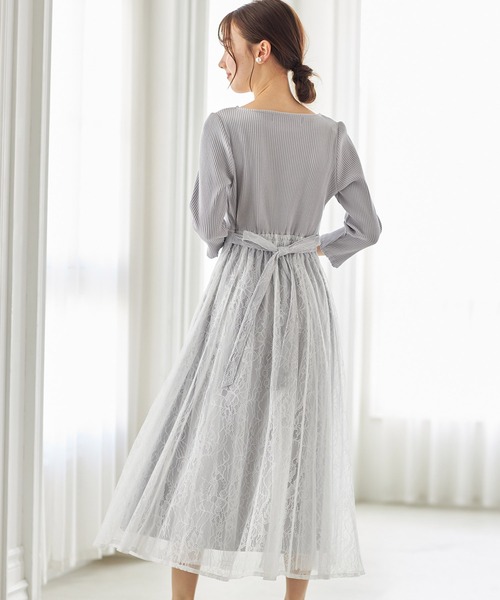 tocco closet（トッコ　クローゼット）の「リボン＆パール付きハイウエスト切り替えレースドッキング七分袖ワンピース（ワンピース・レディース・ネイビー/ライトグレー/ブラック/ピンクベージュ/ベージュ/モカ・M）」の8枚目の写真