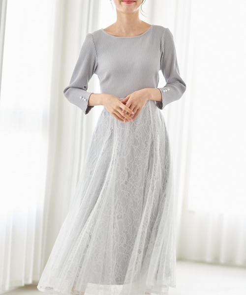 tocco closet（トッコ　クローゼット）の「リボン＆パール付きハイウエスト切り替えレースドッキング七分袖ワンピース（ワンピース・レディース・ネイビー/ライトグレー/ブラック/ピンクベージュ/ベージュ/モカ・M）」の11枚目の写真
