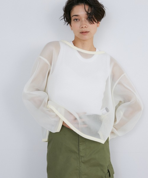 【セール】ダブルフェイスメッシュボートネックプルオーバー（Tシャツ/カットソー）｜YVON（イヴォン）