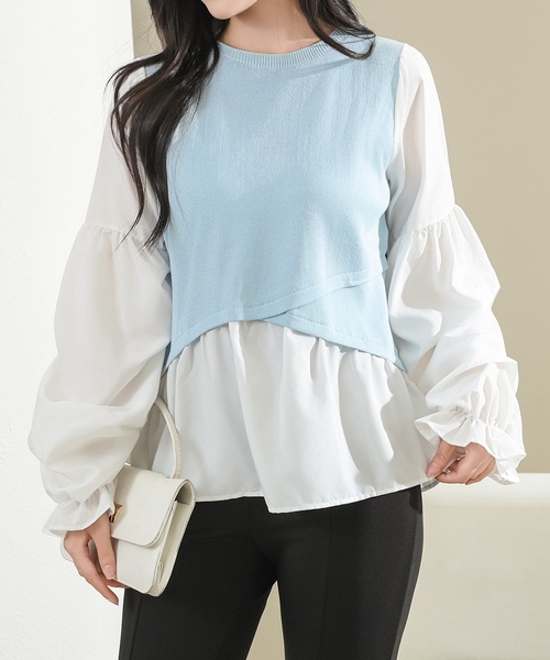 ココディール フリルブラウスレイヤードドッキングニット ペプラム