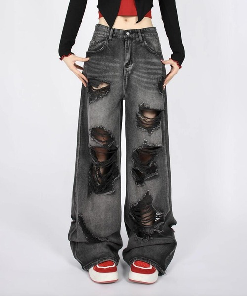【セール】《Lilamusant(リラミュゾン)》ヴィンテージライクオーバーダイワイドダメージデニム Y2K 韓国ストリート（デニムパンツ）｜Lilamusant（リラミュゾン） 6,791円