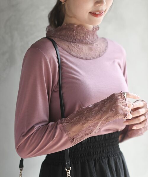 rps（アールピーエス）の「ギャザーレースネックカットソー（Tシャツ/カットソー・レディース・アイボリー/ブラック/グレイッシュブルー/ピンク/グレイッシュベージュ/チャコールグレー・フリー）」の6枚目の写真