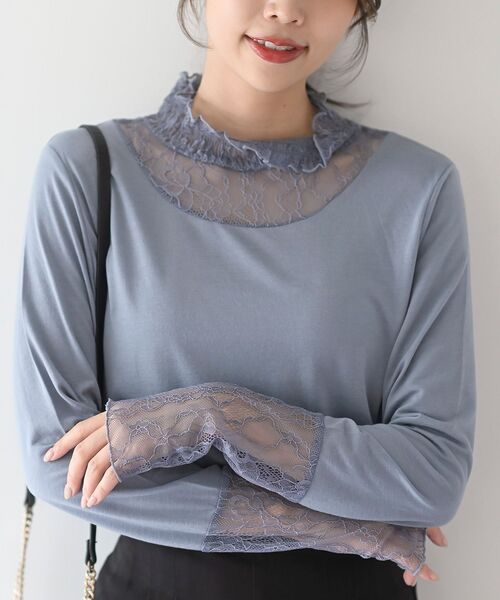 rps（アールピーエス）の「ギャザーレースネックカットソー（Tシャツ/カットソー・レディース・アイボリー/ブラック/グレイッシュブルー/ピンク/グレイッシュベージュ/チャコールグレー・フリー）」の5枚目の写真