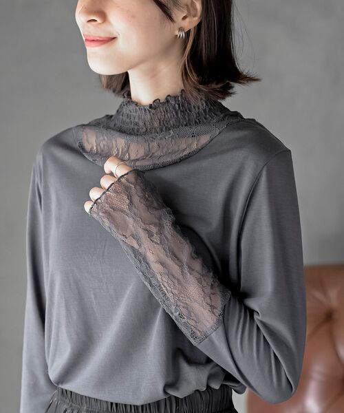 rps（アールピーエス）の「ギャザーレースネックカットソー（Tシャツ/カットソー・レディース・アイボリー/ブラック/グレイッシュブルー/ピンク/グレイッシュベージュ/チャコールグレー・フリー）」の11枚目の写真