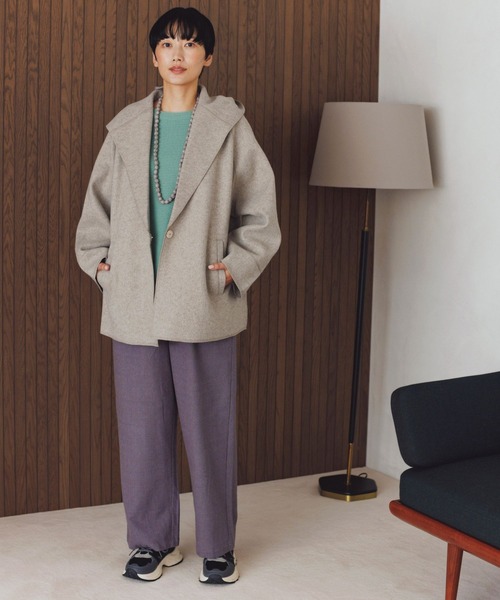 studio CLIP（スタディオクリップ）の「ニードルパンチフーディコート[プチ・プラスサイズあり]（ノーカラーコート・レディース・ライトグレー/ライトブルー/ベージュ・FREE/PF/ﾌﾘｰ(L)）」の9枚目の写真