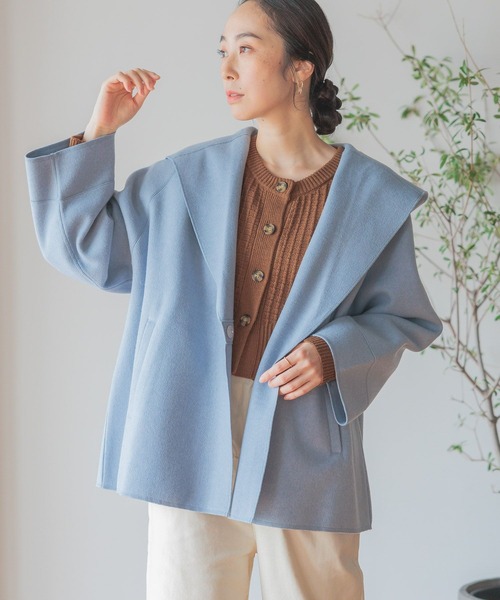 studio CLIP（スタディオクリップ）の「ニードルパンチフーディコート[プチ・プラスサイズあり]（ノーカラーコート・レディース・ライトグレー/ライトブルー/ベージュ・FREE/PF/ﾌﾘｰ(L)）」の12枚目の写真