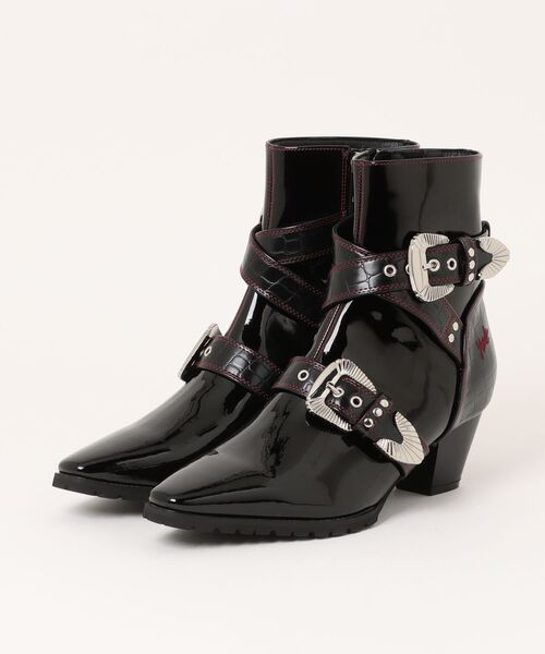 YOSUKE（ヨースケ）の「「YOSUKE/ヨースケ」メンズベルティッドショートブーツ（ブーツ・メンズ・ブラック×レッド/ブラック/パイソン・27/26）」の3枚目の写真