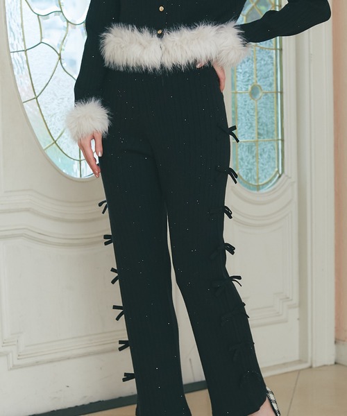 サイドリボン付きスパンコール入りリブニットパンツ（その他パンツ）｜tocco closet（トッコ クローゼット）