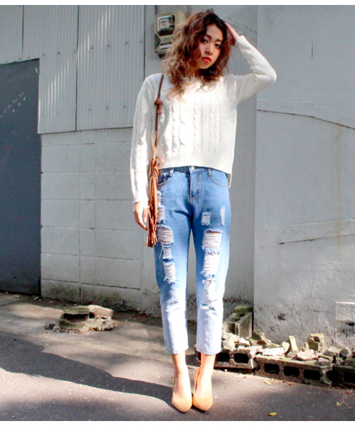 ANAP（アナップ）の「ケーブルクロップドニット（ニット/セーター・レディース・ブラック/ワイン/オフホワイト/グレー・FREE）」の9枚目の写真