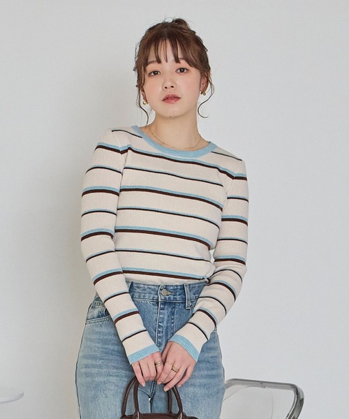 LinoU.(リノユー)の「ランダム配色ボーダーニット(ニット/セーター・レディース・アイボリー/オフホワイト/ブラウン・FREE)」の8枚目の写真