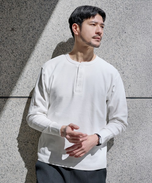 SPU(スプ)の「スパンフライス長袖ヘンリーネックカットソー(Tシャツ/カットソー・メンズ・ブラック/杢グレー/ホワイト・S/M/L/XL)」の1枚目の写真