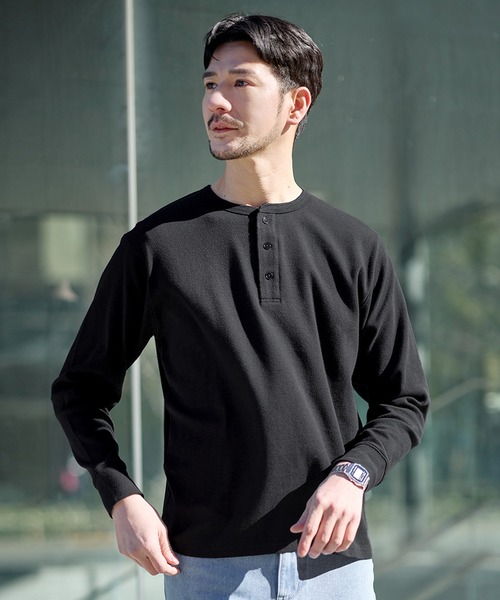 SPU(スプ)の「スパンフライス長袖ヘンリーネックカットソー(Tシャツ/カットソー・メンズ・ブラック/杢グレー/ホワイト・S/M/L/XL)」の2枚目の写真