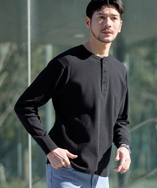 SPU(スプ)の「スパンフライス長袖ヘンリーネックカットソー(Tシャツ/カットソー・メンズ・ブラック/杢グレー/ホワイト・S/M/L/XL)」の6枚目の写真