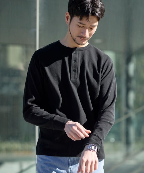 SPU(スプ)の「スパンフライス長袖ヘンリーネックカットソー(Tシャツ/カットソー・メンズ・ブラック/杢グレー/ホワイト・S/M/L/XL)」の8枚目の写真