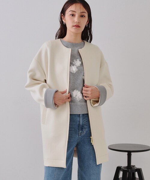 OPAQUE.CLIP（オペークドットクリップ）の「ノーカラーZIPミドルコート【洗濯機洗い可/抗ピル】（ノーカラーコート・レディース・アイボリー/グレー/ブラック・40/38/42）」の4枚目の写真