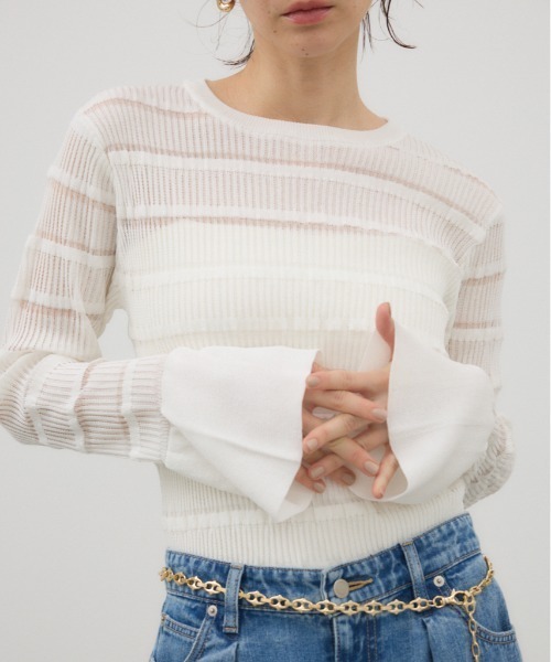 crie conforto(クリーコンフォルト)の「ベルスリーブランダムリブプルオーバー 秋服 / 冬服 / 長袖 / ニット(ニット/セーター・レディース・ホワイト/ブラック/ピンク・FREE)」の1枚目の写真