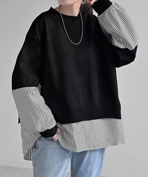 HUG.U（ハグユー）の「異素材ニット スポンジニット×シャツ（ニット/セーター・レディース・ブラック×ホワイト/グレー×ホワイト/ホワイト×ブルー/ブラック×ブラック・FREE）」の3枚目の写真