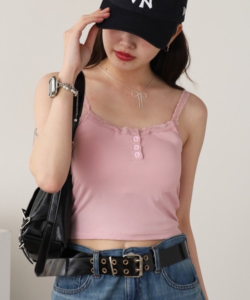 ROOPTOKYO(ループトウキョウ)の「Feminine Front Button Lace Camisole / フェミニンフロントボタンレースキャミソール 夏物 夏服(キャミソール・レディース・ブラック/ホワイト/グレー/グリーン/ピンク・FREE)」の5枚目の写真