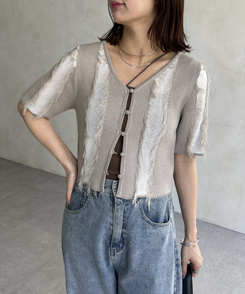 Thevon（ゼボン）の「フリンジ5分袖ショートカーディガン（カーディガン/ボレロ・レディース・グレイッシュベージュ/チャコールグレー/ブルー・FREE）」の18枚目の写真