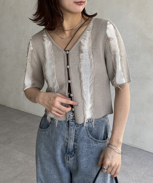 Thevon（ゼボン）の「フリンジ5分袖ショートカーディガン（カーディガン/ボレロ・レディース・グレイッシュベージュ/チャコールグレー/ブルー・FREE）」の19枚目の写真