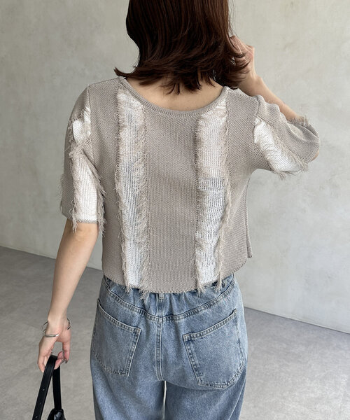 Thevon（ゼボン）の「フリンジ5分袖ショートカーディガン（カーディガン/ボレロ・レディース・グレイッシュベージュ/チャコールグレー/ブルー・FREE）」の21枚目の写真