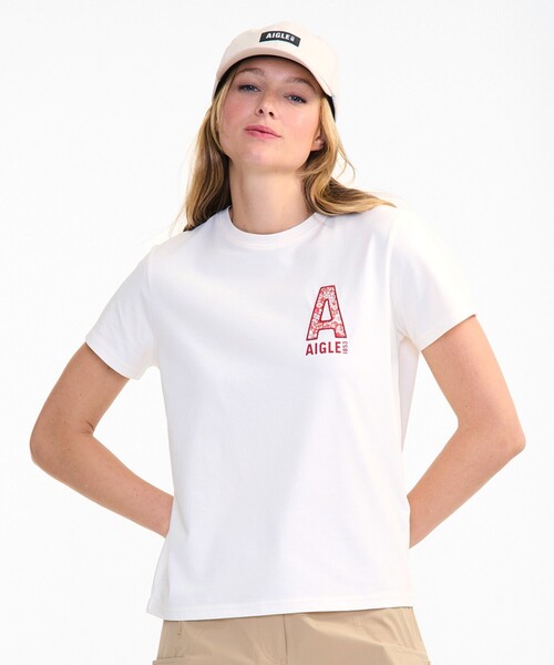 AIGLE(エーグル)の「UVカット 吸水速乾 リバティプリントロゴ半袖Tシャツ / フラワー 花柄(Tシャツ/カットソー・レディース・ホワイト/ブルー・S/M/XS/L)」の2枚目の写真