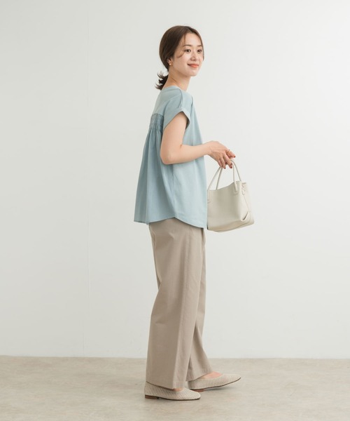 セール】シャーリング布帛ドッキングカットソー（Tシャツ