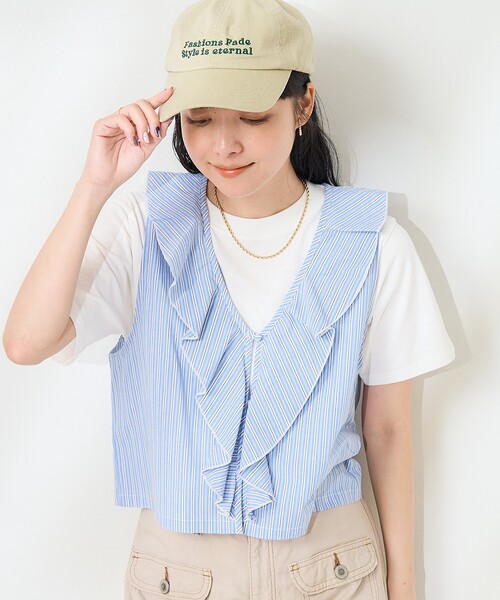 セール】ストライプフリルベスト/ノースリーブブラウス（シャツ