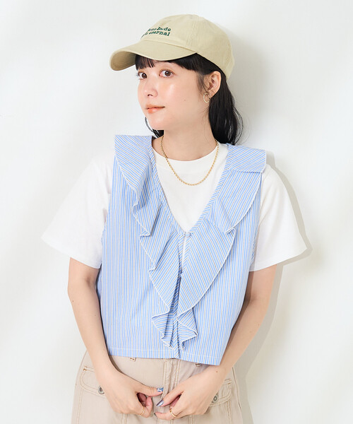 FREAK'S STORE（フリークスストア）の「ストライプフリルベスト/ノースリーブブラウス（シャツ/ブラウス・レディース・オフホワイト/サックスブルー・ﾌﾘ-）」の14枚目の写真