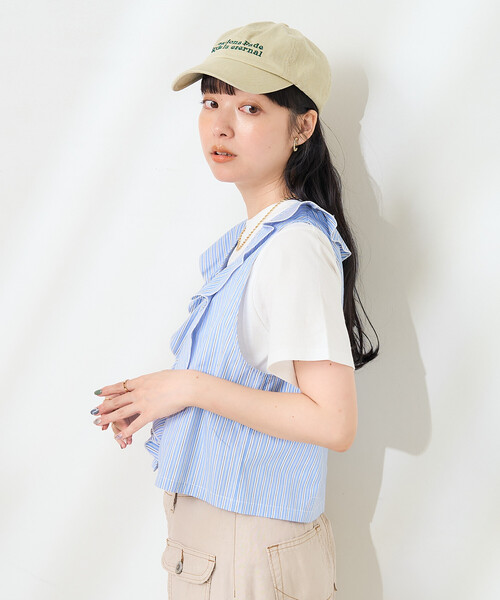 FREAK'S STORE（フリークスストア）の「ストライプフリルベスト/ノースリーブブラウス（シャツ/ブラウス・レディース・オフホワイト/サックスブルー・ﾌﾘ-）」の15枚目の写真