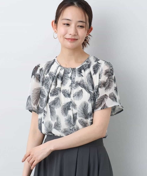 ブラウス シャツ リーフ柄シフォンブラウス/洗える レディース リーフ柄シフォンブラウス／洗える | MK MICHEL KLEIN (Women